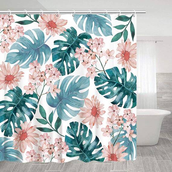 RosieLily Duschvorhang mit 12 Haken, Duschvorhänge-Set, Blumenmuster, wasserdichtes Polyestergewebe, Badvorhang, dekoratives botanisches Laub, Palmenblätter, 183 cm B x 183 cm H