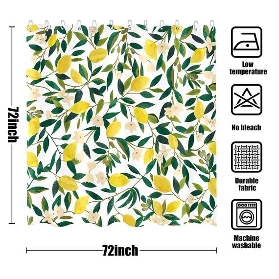 Lifeel Zitronen-Duschvorhang, Allover-Früchte, grüne Blätter, Pflanzendesign, wasserdichter Stoff, Badezimmer-Vorhänge-Set mit 12 Haken, Grün/Gelb, 183 x 183 cm