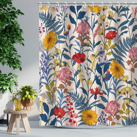 RosieLily Duschvorhang-Set mit 12 Haken, bunte Blumen und Blätter, Duschvorhang, Baddekoration, wasserdichter Stoff, Badezimmer-Vorhang, 183 cm B x 183 cm H
