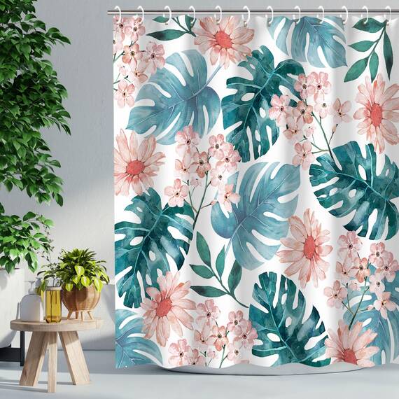 RosieLily Duschvorhang mit 12 Haken, Duschvorhänge-Set, Blumenmuster, wasserdichtes Polyestergewebe, Badvorhang, dekoratives botanisches Laub, Palmenblätter, 183 cm B x 183 cm H