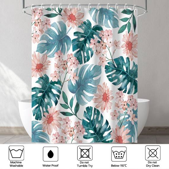 RosieLily Duschvorhang mit 12 Haken, Duschvorhänge-Set, Blumenmuster, wasserdichtes Polyestergewebe, Badvorhang, dekoratives botanisches Laub, Palmenblätter, 183 cm B x 183 cm H