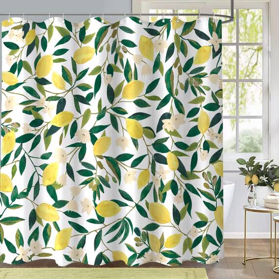Lifeel Zitronen-Duschvorhang, Allover-Früchte, grüne Blätter, Pflanzendesign, wasserdichter Stoff, Badezimmer-Vorhänge-Set mit 12 Haken, Grün/Gelb, 183 x 183 cm