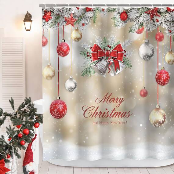 RosieLily Weihnachts-Duschvorhänge für Badezimmer, Weihnachten, Duschvorhänge, roter Weihnachtsstoff, Badezimmer-Set mit Haken, rote silberne Kugeln, Frohe Weihnachten, Urlaub, 182.9 cm Bx182.9 cm H