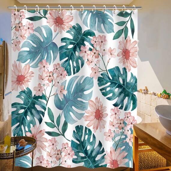 RosieLily Duschvorhang mit 12 Haken, Duschvorhänge-Set, Blumenmuster, wasserdichtes Polyestergewebe, Badvorhang, dekoratives botanisches Laub, Palmenblätter, 183 cm B x 183 cm H