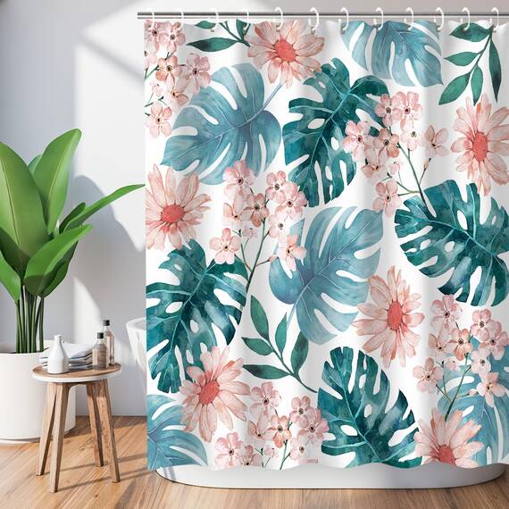 RosieLily Duschvorhang mit 12 Haken, Duschvorhänge-Set, Blumenmuster, wasserdichtes Polyestergewebe, Badvorhang, dekoratives botanisches Laub, Palmenblätter, 183 cm B x 183 cm H