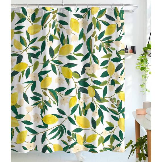 Lifeel Zitronen-Duschvorhang, Allover-Früchte, grüne Blätter, Pflanzendesign, wasserdichter Stoff, Badezimmer-Vorhänge-Set mit 12 Haken, Grün/Gelb, 183 x 183 cm