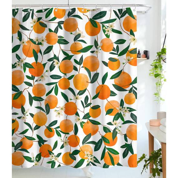 Lifeel Orange Duschvorhänge, Allover Fruits Duschvorhang Rund Zitrusmuster Design Wasserdicht Stoff Badezimmer Duschvorhang Set mit 12 Haken, Orange Grün
