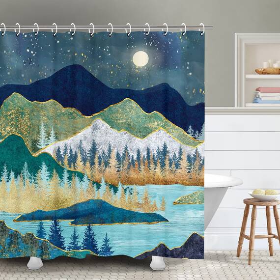 RosieLily Mountain Shower Curtain, Forest Shower Curtain, Starry Night Shower Curtain Hooks, Moon Nature Landschaft Shower Curtains for Bathroom, 183 Wx183 H Inch