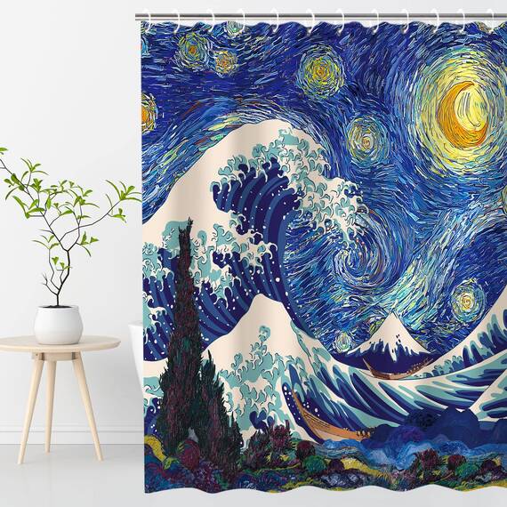 RosieLily Japanischer Duschvorhang, Wellen-Duschvorhang, Sternennacht-Duschvorhänge-Set mit 12 Haken, wasserdichter Van Gogh-Duschvorhang, Dekoration, Japan, große Welle aus Kanagawa, 183x213 cm
