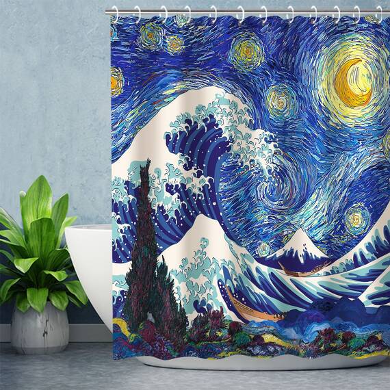 RosieLily Japanischer Duschvorhang, Wellen-Duschvorhang, Sternennacht-Duschvorhänge-Set mit 12 Haken, wasserdichter Van Gogh-Duschvorhang, Dekoration, Anime, große Welle aus Kanagawa, 183x183 cm