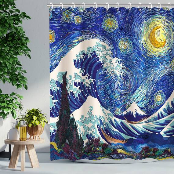 RosieLily Japanischer Duschvorhang, Wellen-Duschvorhang, Sternennacht-Duschvorhänge-Set mit 12 Haken, wasserdichter Van Gogh-Duschvorhang, Dekoration, Anime, große Welle aus Kanagawa, 183x183 cm