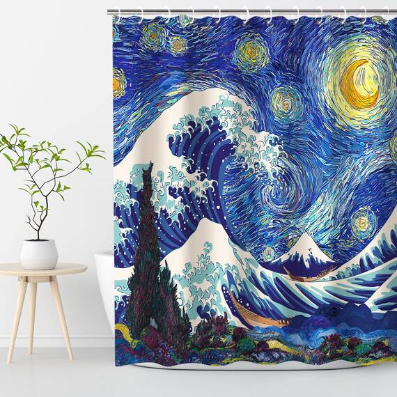 RosieLily Japanischer Duschvorhang, Wellen-Duschvorhang, Sternennacht-Duschvorhänge-Set mit 12 Haken, wasserdichter Van Gogh-Duschvorhang, Dekoration, Anime, große Welle aus Kanagawa, 183x183 cm
