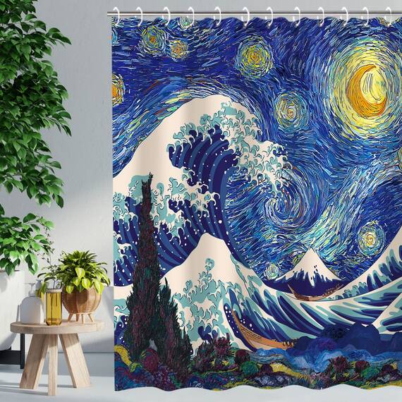 RosieLily Japanischer Duschvorhang, Wellen-Duschvorhang, Sternennacht-Duschvorhänge-Set mit 12 Haken, wasserdichter Van Gogh-Duschvorhang, Dekoration, Japan, große Welle aus Kanagawa, 183x213 cm