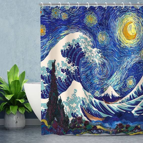 RosieLily Japanischer Duschvorhang, Wellen-Duschvorhang, Sternennacht-Duschvorhänge-Set mit 12 Haken, wasserdicht, Van Gogh-Duschvorhang, Dekoration, Anime, große Welle aus Kanagawa, 183x198 cm