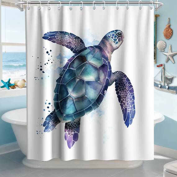 Final Friday Lustige Meeresschildkröte Duschvorhänge Ozean Tier Cartoon Kinder Thema Stoff Badezimmer Dekor Sets mit Haken Wasserdicht Waschbar 183 x 203 cm (B x H Zoll) Blaugrün Lila