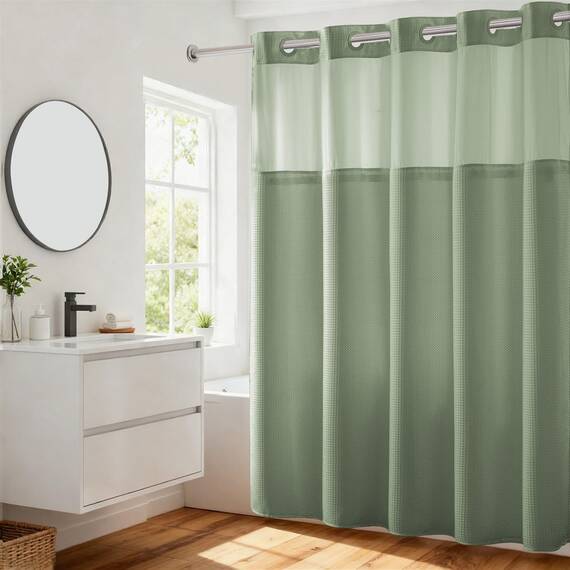 River Dream Duschvorhang, schwer, keine Haken erforderlich, mit Einrastfutter, gepunktetes Waffelgewebe, Hotelqualität, Spa-ähnlicher Badvorhang, 71 x 74 cm (B x H), Salbeigrün