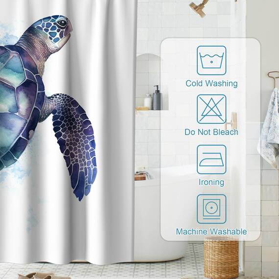 Final Friday Lustige Meeresschildkröte Duschvorhänge Ozean Tier Cartoon Kinder Thema Stoff Badezimmer Dekor Sets mit Haken Wasserdicht Waschbar 91,4 cm B x 183 cm H Blaugrün Lila
