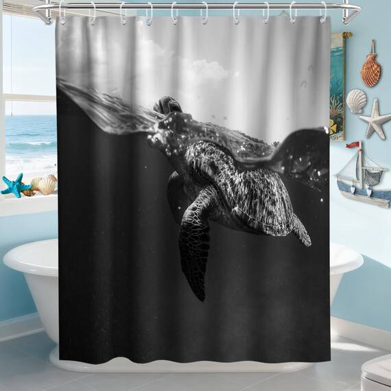 Final Friday Duschvorhang mit Meeresschildkröte, nautischer Stoff, schwarz-weiß, Ozean, niedliches Tier, Kinder-Badezimmer-Dekor-Set mit Haken, wasserdicht, waschbar, 60 x 72 cm, Grau