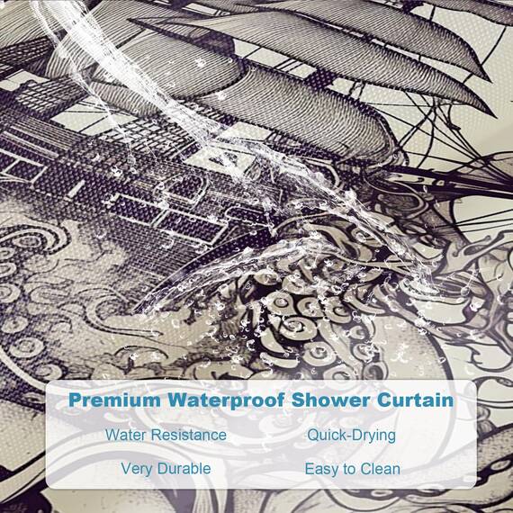 Final Friday Duschvorhang-Set mit nautischem Oktopus, Monster, Segelboot-Thema, Ozean, Badezimmer-Dekor mit Haken, wasserdicht, waschbar, 152 x 183 cm, Retro-Farben und Schwarz