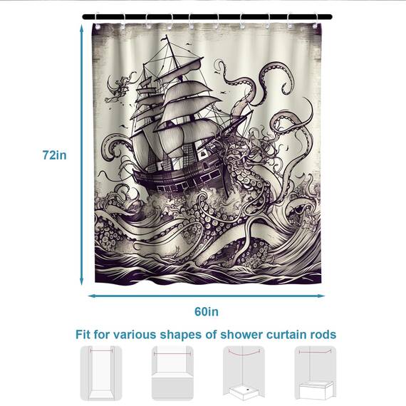 Final Friday Duschvorhang-Set mit nautischem Oktopus, Monster, Segelboot-Thema, Ozean, Badezimmer-Dekor mit Haken, wasserdicht, waschbar, 152 x 183 cm, Retro-Farben und Schwarz