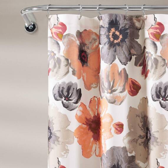 Lush Decor Leah Duschvorhang mit Blumenmuster, 183 x 183 cm (B x L), Korallenrot und Grau, Stoff-Duschvorhänge, Aquarell, botanischer Badezimmervorhang, Bauernhaus und französisches Landdekor