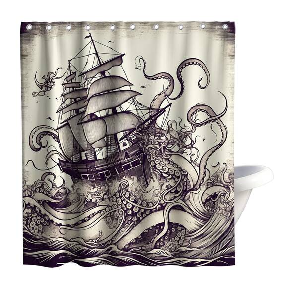 Final Friday Duschvorhang-Set mit nautischem Oktopus, Monster, Segelboot-Thema, Ozean, Badezimmer-Dekor mit Haken, wasserdicht, waschbar, 152 x 183 cm, Retro-Farben und Schwarz