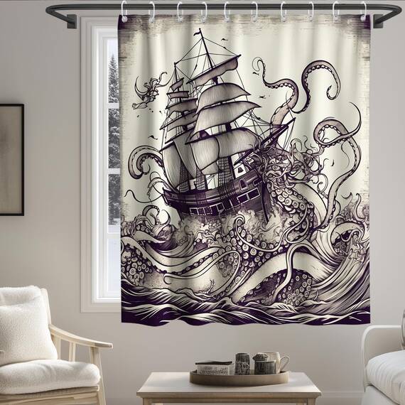 Final Friday Duschvorhang-Set mit nautischem Oktopus, Monster, Segelboot-Thema, Ozean, Badezimmer-Dekor mit Haken, wasserdicht, waschbar, 152 x 183 cm, Retro-Farben und Schwarz