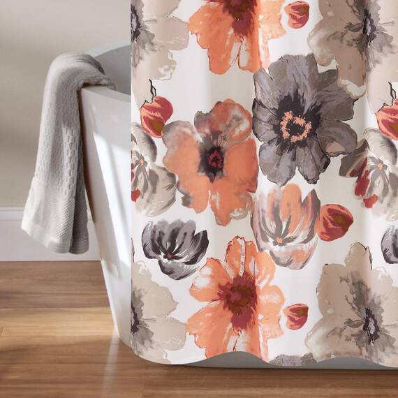 Lush Decor Leah Duschvorhang mit Blumenmuster, 183 x 183 cm (B x L), Korallenrot und Grau, Stoff-Duschvorhänge, Aquarell, botanischer Badezimmervorhang, Bauernhaus und französisches Landdekor