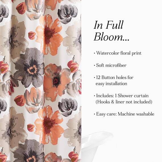 Lush Decor Leah Duschvorhang mit Blumenmuster, 183 x 183 cm (B x L), Korallenrot und Grau, Stoff-Duschvorhänge, Aquarell, botanischer Badezimmervorhang, Bauernhaus und französisches Landdekor