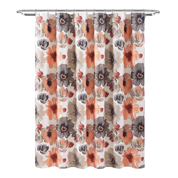 Lush Decor Leah Duschvorhang mit Blumenmuster, 183 x 183 cm (B x L), Korallenrot und Grau, Stoff-Duschvorhänge, Aquarell, botanischer Badezimmervorhang, Bauernhaus und französisches Landdekor