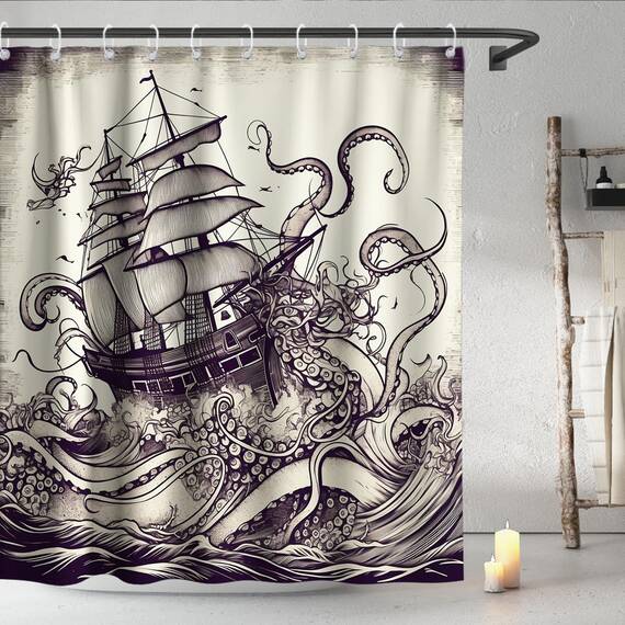 Final Friday Duschvorhang-Set mit nautischem Oktopus, Monster, Segelboot-Thema, Ozean, Badezimmer-Dekor mit Haken, wasserdicht, waschbar, 152 x 183 cm, Retro-Farben und Schwarz