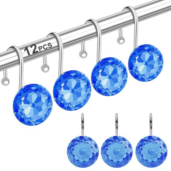 Duschvorhanghaken für Badezimmer, Edelstahl, rostbeständig, dekorative Strasssteine, Duschvorhangringe, Aufhänger für Duschvorhänge, Kleidung, Handtücher usw. (blau), 12 Stück