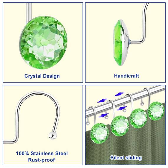 12 Stück Duschvorhanghaken-Ringe für Badezimmer, St. Patrick's Day Dekorationen - rostbeständige, dekorative Edelstahl-Strass-Aufhänger für Duschvorhänge, Kleidung, Handtücher usw. (Salbeigrün)