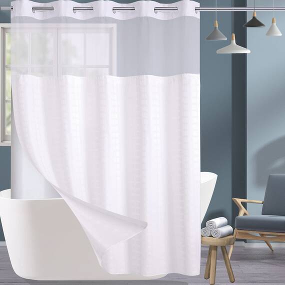 Conbo Mio Duschvorhang ohne Haken, mit Einrastfutter, luxuriös, weißer Stoff, Duschvorhänge für Badezimmer mit durchsichtigem Fenster, waschbar, wasserdicht, 71 x 74 cm (B x H)