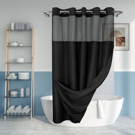 River Dream Duschvorhang ohne Haken, strukturiert, mit PEVA-Innenfutter, 180,3 x 188 cm, Hotel-Stil mit durchsichtigem Fenster, maschinenwaschbar und wasserabweisender Stoff, schwarz, 71 x 78 cm 4