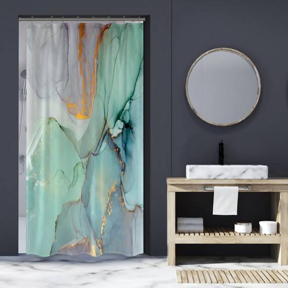 Gibelle Farbenfroher Marmor-Duschvorhang, Wasserfarben, abstraktes Blau, Grün, Lila, Blaugrün, Tinte, Textur, Gold, Schwarz, Streifen, Gemälde, Moderne Kunst, Badezimmer-Dekor, 91.4 cm B x 182.9 cm L