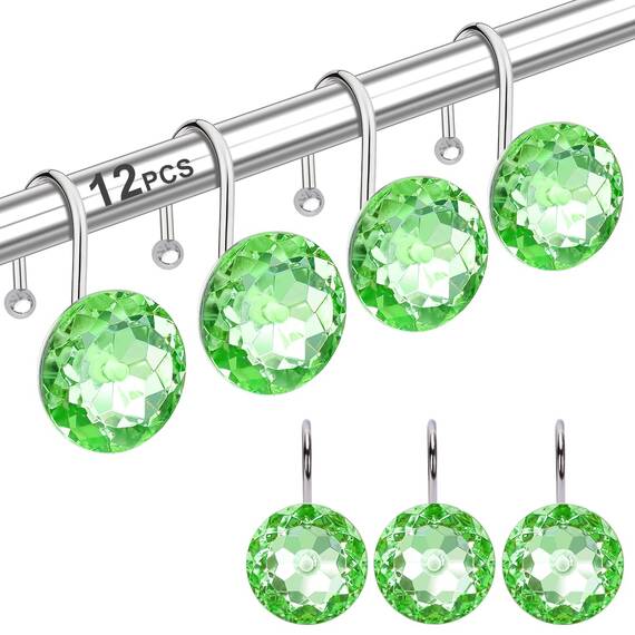 12 Stück Duschvorhanghaken-Ringe für Badezimmer, St. Patrick's Day Dekorationen - rostbeständige, dekorative Edelstahl-Strass-Aufhänger für Duschvorhänge, Kleidung, Handtücher usw. (Salbeigrün)