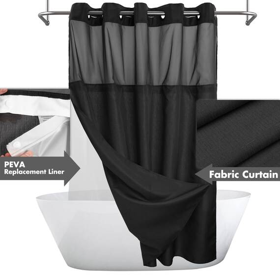 River Dream Duschvorhang ohne Haken, strukturiert, mit PEVA-Innenfutter, 180,3 x 188 cm, Hotel-Stil mit durchsichtigem Fenster, maschinenwaschbar und wasserabweisender Stoff, schwarz, 71 x 78 cm 4