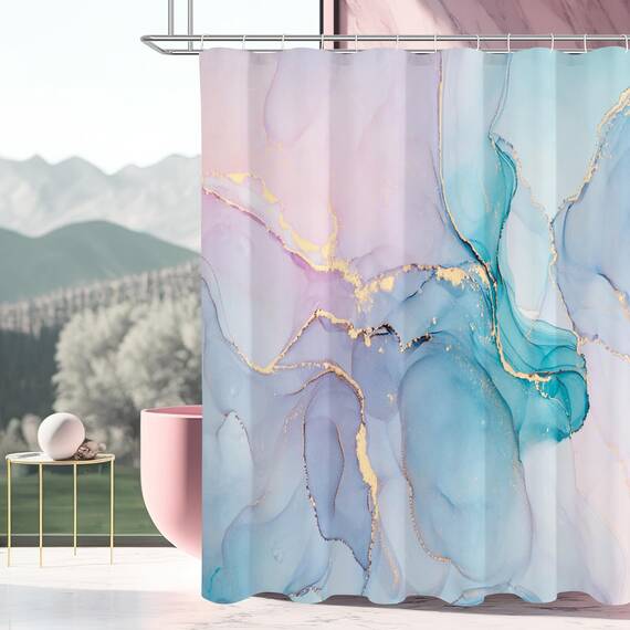 Gibelle Kleiner Stall Duschvorhang 91,4 x 182,9 cm, schmal, halber abstrakter Marmor, Duschvorhang, rosa türkis, moderne Tinte, Kunst, wasserdichter Stoff, Duschvorhang-Set mit Haken