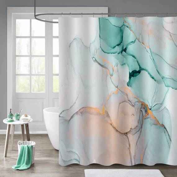 Gibelle Extra langer Duschvorhang, 72 x 84 cm, hoch, abstrakt, grau-blaugrün, Marmor, Duschvorhang, moderne Tintenkunst, wasserdichter Stoff, Duschvorhang-Set mit Haken
