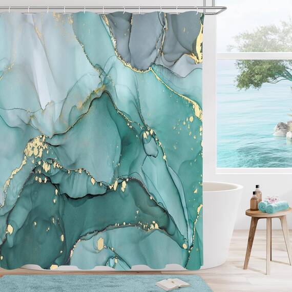 Gibelle Langer Stoff Duschvorhang 72x78, hoher abstrakter türkisfarbener Marmor-Duschvorhang, moderne Tintenkunst, wasserdichter Stoff-Duschvorhang-Set mit Haken