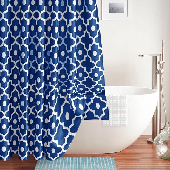 Biscaynebay Extra lange strukturierte Stoff-Duschvorhänge, 182,9 x 213,4 cm (B x L), Indigo-Marokko-Perlendruck, Hotel, Spa, luxuriös, dekorativer Badezimmer-Vorhang, maschinenwaschbar