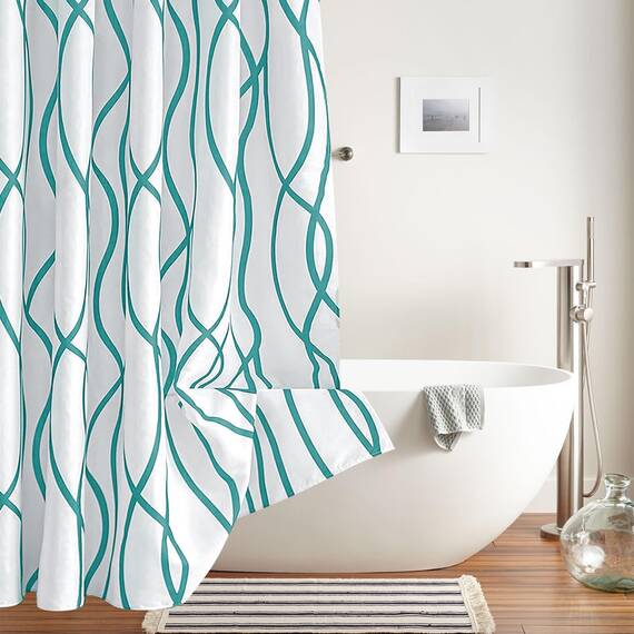 Biscaynebay Extra langer strukturierter Stoff-Duschvorhang, 72 x 84 cm, türkis, gestreift, bedruckt, Leinen, moderne Hotelqualität, Badezimmervorhänge, maschinenwaschbar