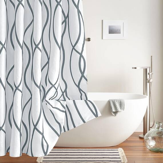 Biscaynebay Duschvorhang aus strukturiertem Stoff, 183 x 183 cm, dunkelgrau bedruckt, gestreift, Leinen, moderne Hotelqualität, Badezimmervorhänge, maschinenwaschbar