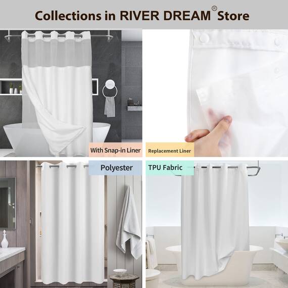 River Dream Duschvorhang ohne Haken, strukturiert, mit PEVA-Auskleidung, 180,3 x 188 cm, Hotel-Stil mit durchsichtigem Fenster, Stoff-Außenvorhang und wasserdichtem Innenfutter, Weiß, 180,3 x 188 cm