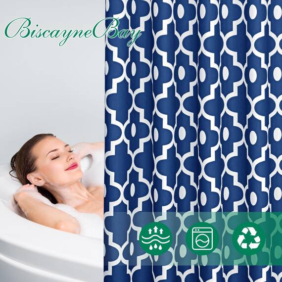 Biscaynebay Extra lange strukturierte Stoff-Duschvorhänge, 182,9 x 213,4 cm (B x L), Indigo-Marokko-Perlendruck, Hotel, Spa, luxuriös, dekorativer Badezimmer-Vorhang, maschinenwaschbar