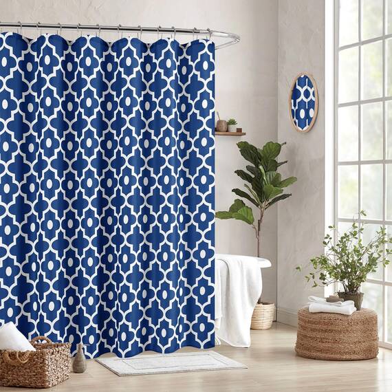 Biscaynebay Duschvorhang aus strukturiertem Stoff, für Badezimmer, 183 x 183 cm, Indigo-Stil, Marokko-Perlendruck, Leinen, Duschvorhang, maschinenwaschbar