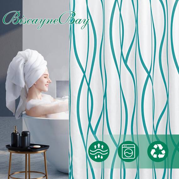 Biscaynebay Extra langer strukturierter Stoff-Duschvorhang, 72 x 84 cm, türkis, gestreift, bedruckt, Leinen, moderne Hotelqualität, Badezimmervorhänge, maschinenwaschbar