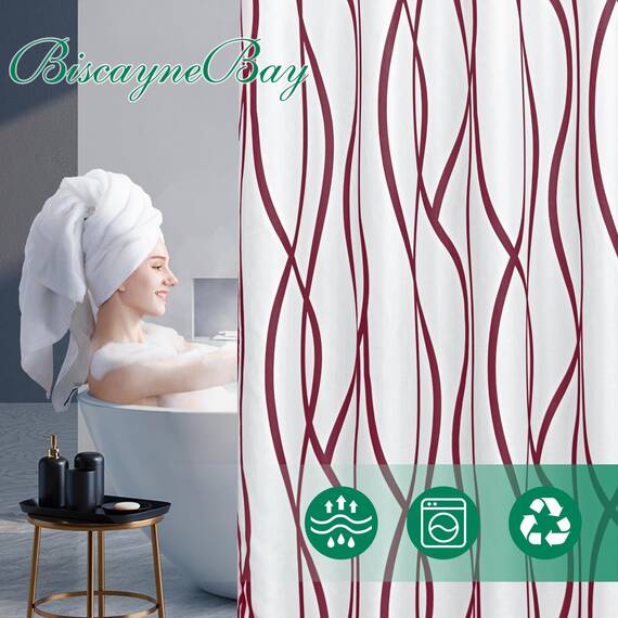 Biscaynebay Duschvorhang aus strukturiertem Stoff für Badezimmer, 72 x 72 cm, Burgunderrot, bedruckt, gestreift, Leinen, modern, Hotelqualität, Badezimmervorhänge, maschinenwaschbar