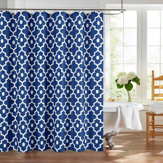 Biscaynebay Extra lange strukturierte Stoff-Duschvorhänge, 182,9 x 213,4 cm (B x L), Indigo-Marokko-Perlendruck, Hotel, Spa, luxuriös, dekorativer Badezimmer-Vorhang, maschinenwaschbar